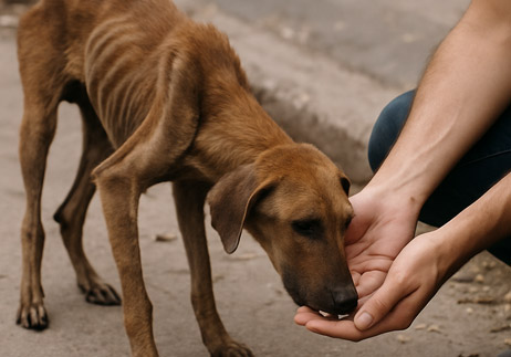 Feeding a hungry dog